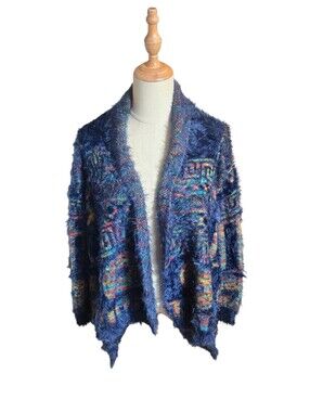 Wishlist Blue Fuzzy Open-Front Patterned Women's Sweater Cardigan